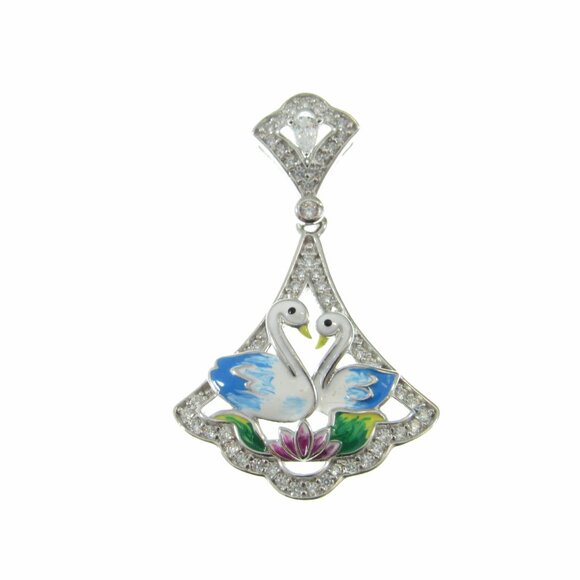 Solid 925 Sterling Silver and Blue & White Enamel Swans Pendant, Colorful Charm - Picture 4 of 8